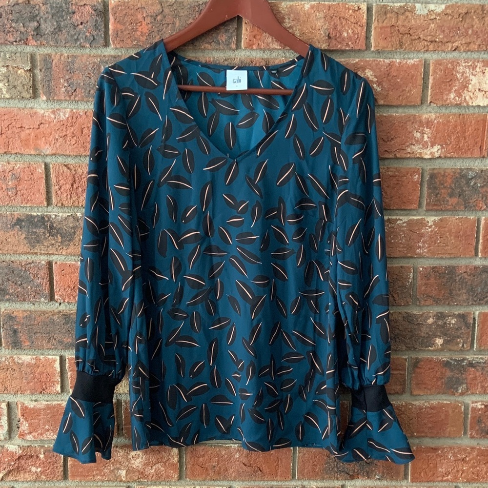 CAbi Dark Teal Shadow Leaf Pattern Long Sleeve Blouse